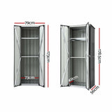 Black lockable outdoor storage cabinet with adjustable shelves (view 2)