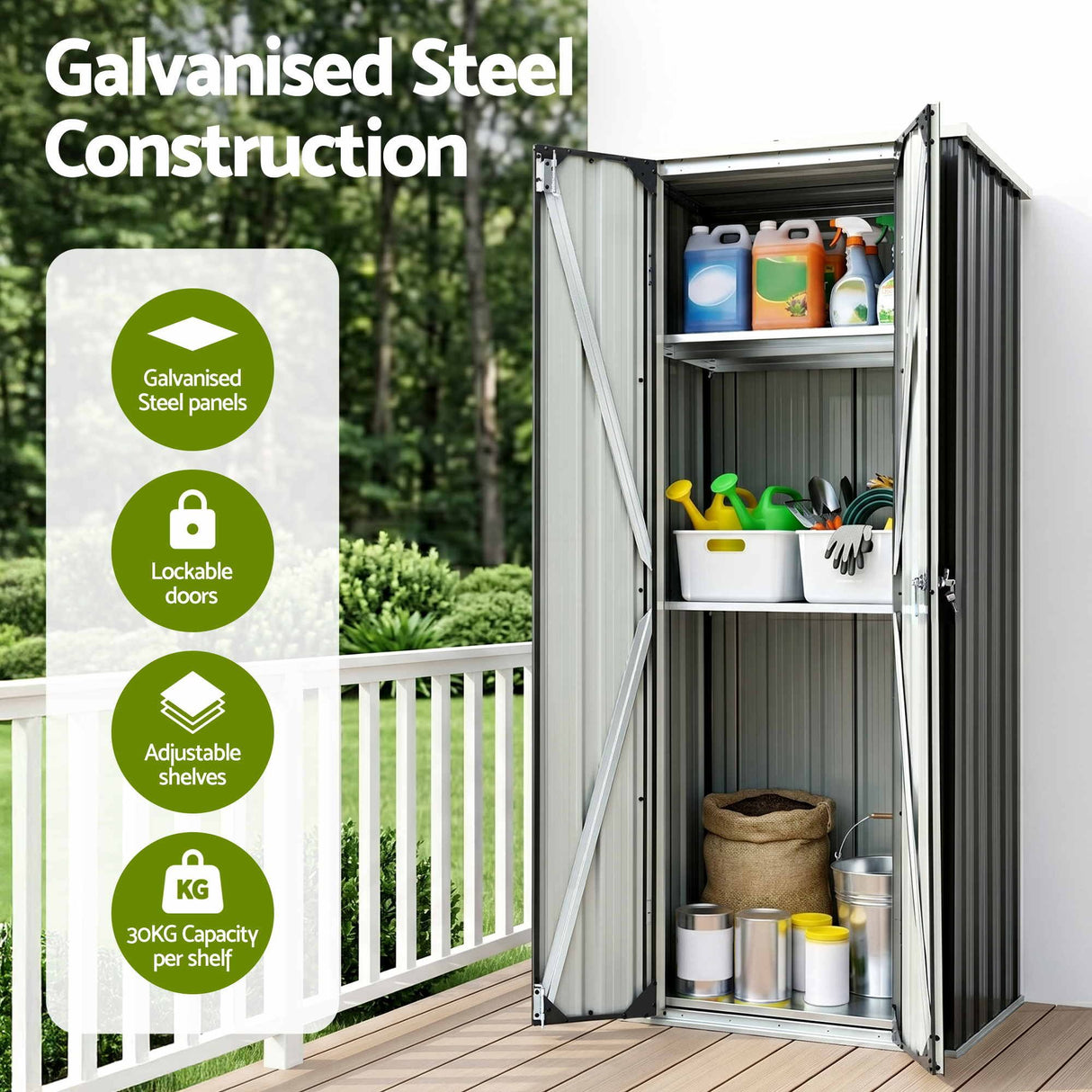 Black lockable outdoor storage cabinet with adjustable shelves (view 4)