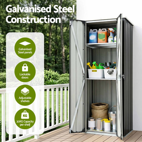 Black lockable outdoor storage cabinet with adjustable shelves (view 4)
