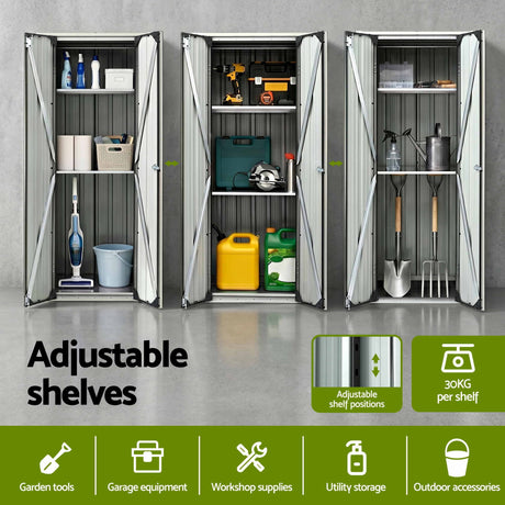 Black lockable outdoor storage cabinet with adjustable shelves (view 5)