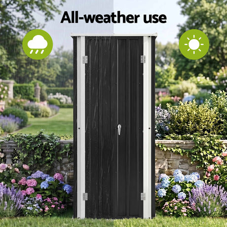 Black lockable outdoor storage cabinet with adjustable shelves (view 7)