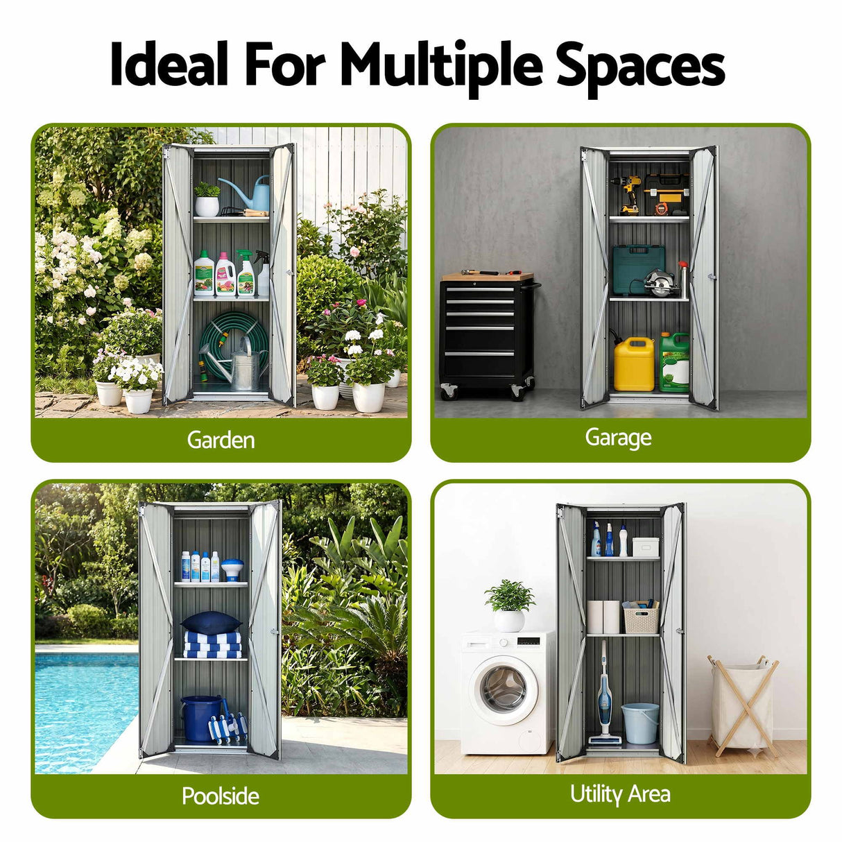 Black lockable outdoor storage cabinet with adjustable shelves (view 8)