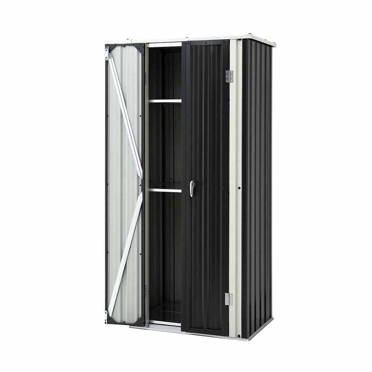 Black lockable outdoor storage cabinet with adjustable shelves (view 9)