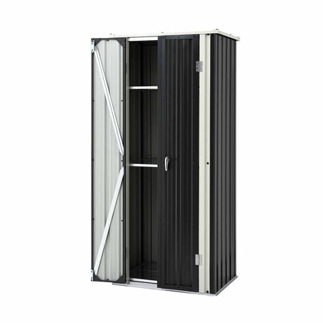 Black lockable outdoor storage cabinet with adjustable shelves (view 9)