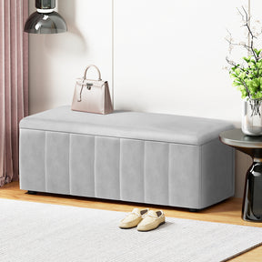 Paraparap velvet storage ottoman blanket box 103cm in grey in a bedroom