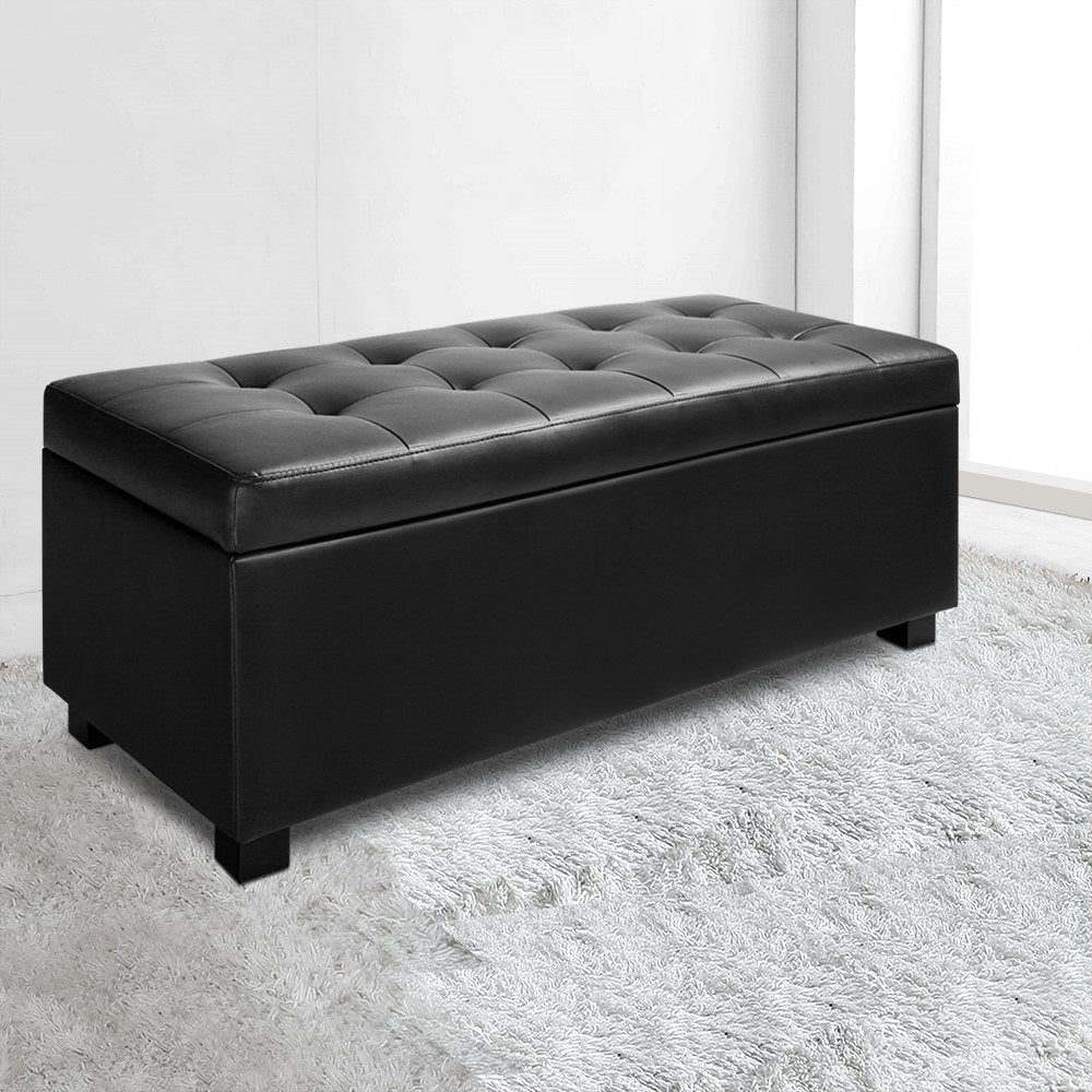 Artiss 97cm PU Leather Storage Ottoman Blanket Box Black — Allure Home Collections