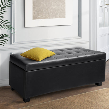 Artiss 97cm PU Leather Storage Ottoman Blanket Box Black — Allure Home Collections