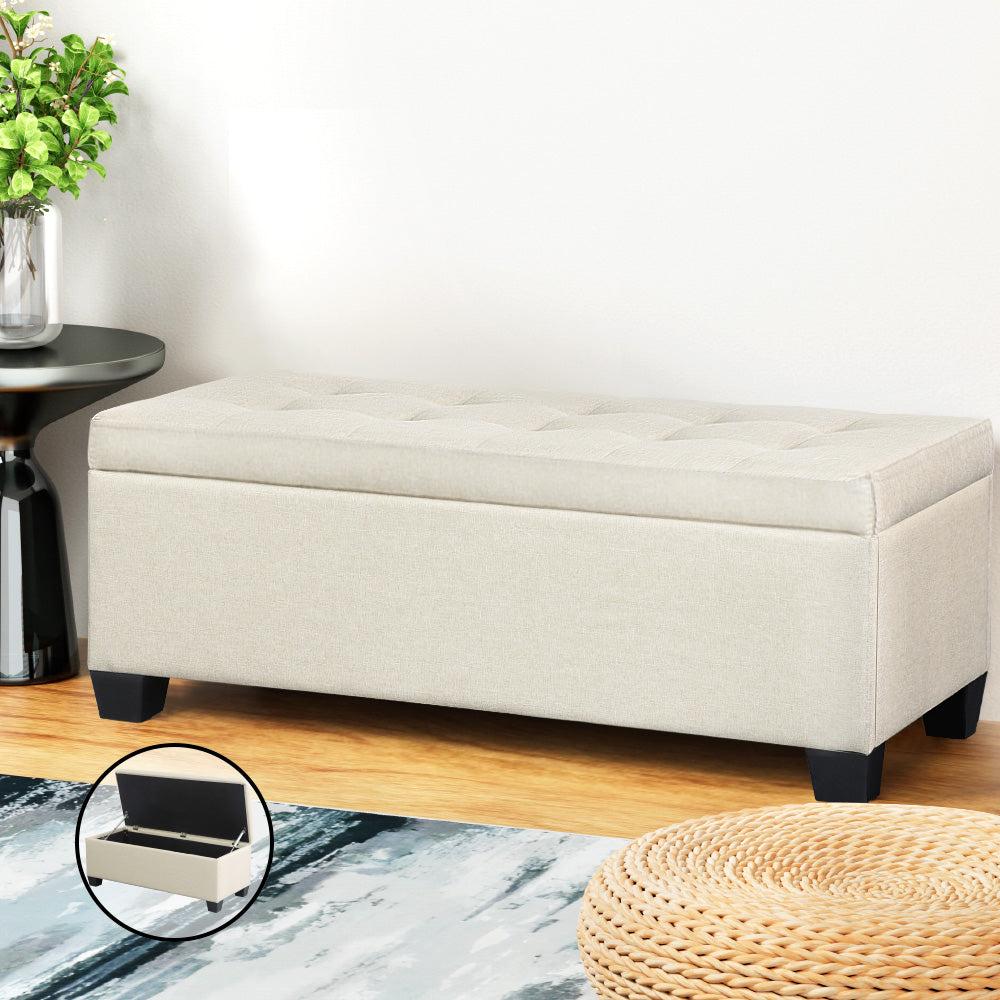 Artiss 97cm Linen Storage Ottoman Blanket Box Beige — Allure Home Collections
