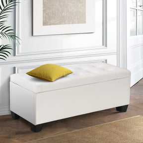 Lara PU leather storage ottoman blanket box 97cm in white in a living room