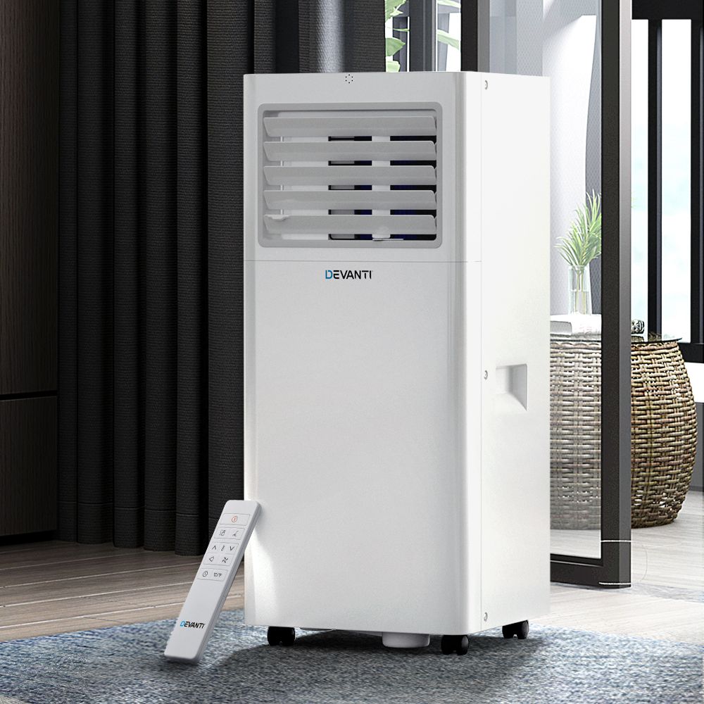 White 7000 BTU portable air conditioner with LCD display and castor wheels