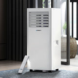 White 7000 BTU portable air conditioner with LCD display and castor wheels