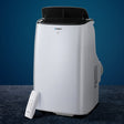 White 7000 BTU portable air conditioner with smart LCD display and castors
