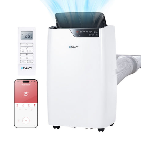 White 12000 BTU portable air conditioner with sensor touch panel and castors