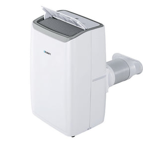 White 14000 BTU portable air conditioner with smart LED display and castors