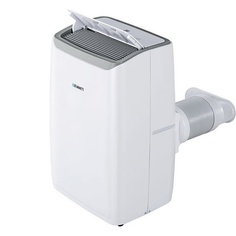 White 14000 BTU portable air conditioner with smart LED display and castors