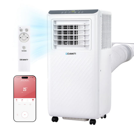 White 3 in 1 portable air conditioner, 7000 BTU, front view with control panel and castors