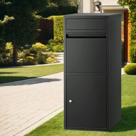 Black parcel drop box on a porch