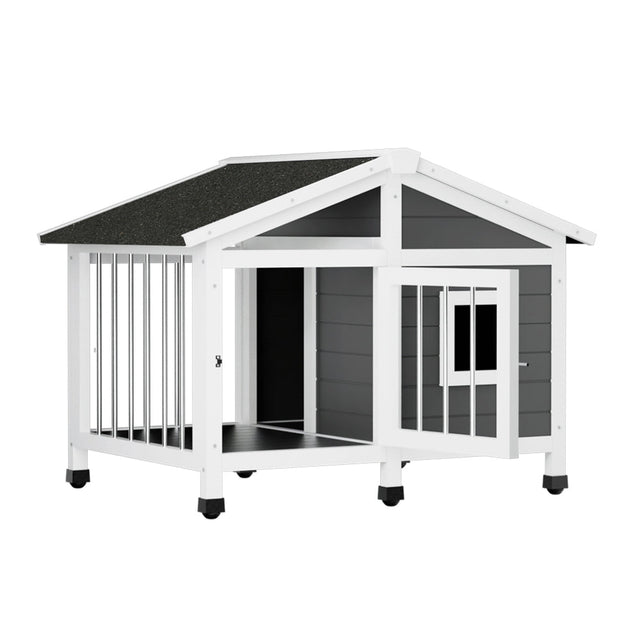 Dardanup wooden dog kennel in natural fir wood with a UV resistant asphalt roof outdoors