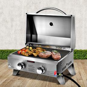 Wellstead portable gas BBQ grill 2 burner with grill grate and hot plate