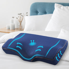 Pentecost memory foam contour pillow in navy on a bed
