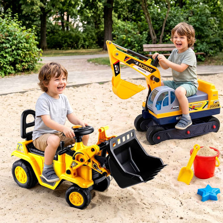 Yellow kids ride on bulldozer and digger with helmet