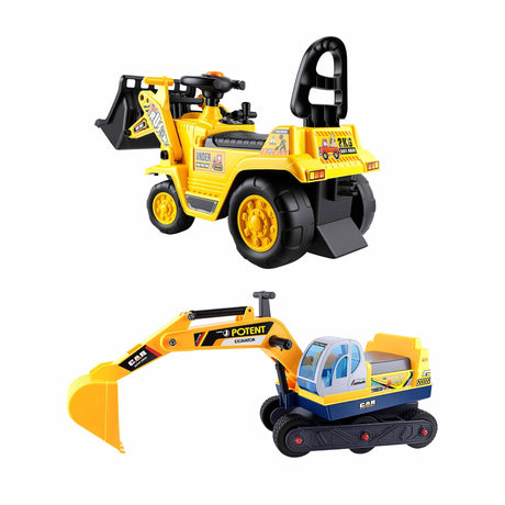 Yellow kids ride on bulldozer and digger with helmet