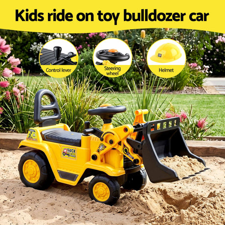 Yellow kids ride on bulldozer and digger with helmet
