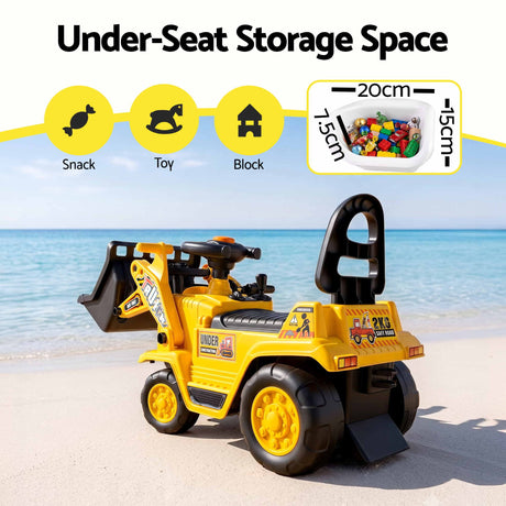 Yellow kids ride on bulldozer and digger with helmet