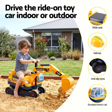 Yellow kids ride on bulldozer and digger with helmet