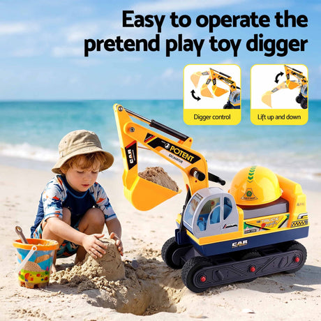 Yellow kids ride on bulldozer and digger with helmet