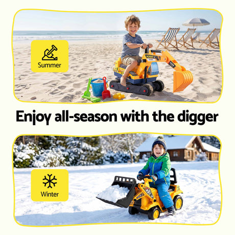 Yellow kids ride on bulldozer and digger with helmet