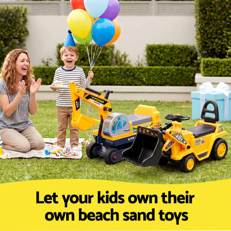 Yellow kids ride on bulldozer and digger with helmet