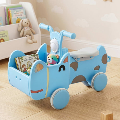 Blue kids ride on push car with storage