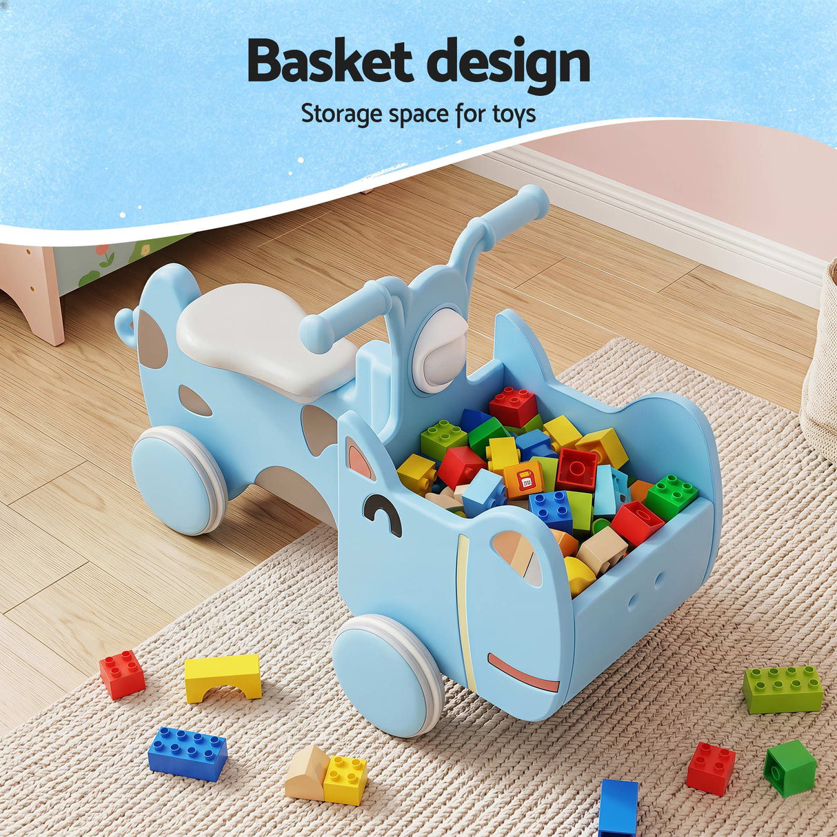 Blue kids ride on push car with storage