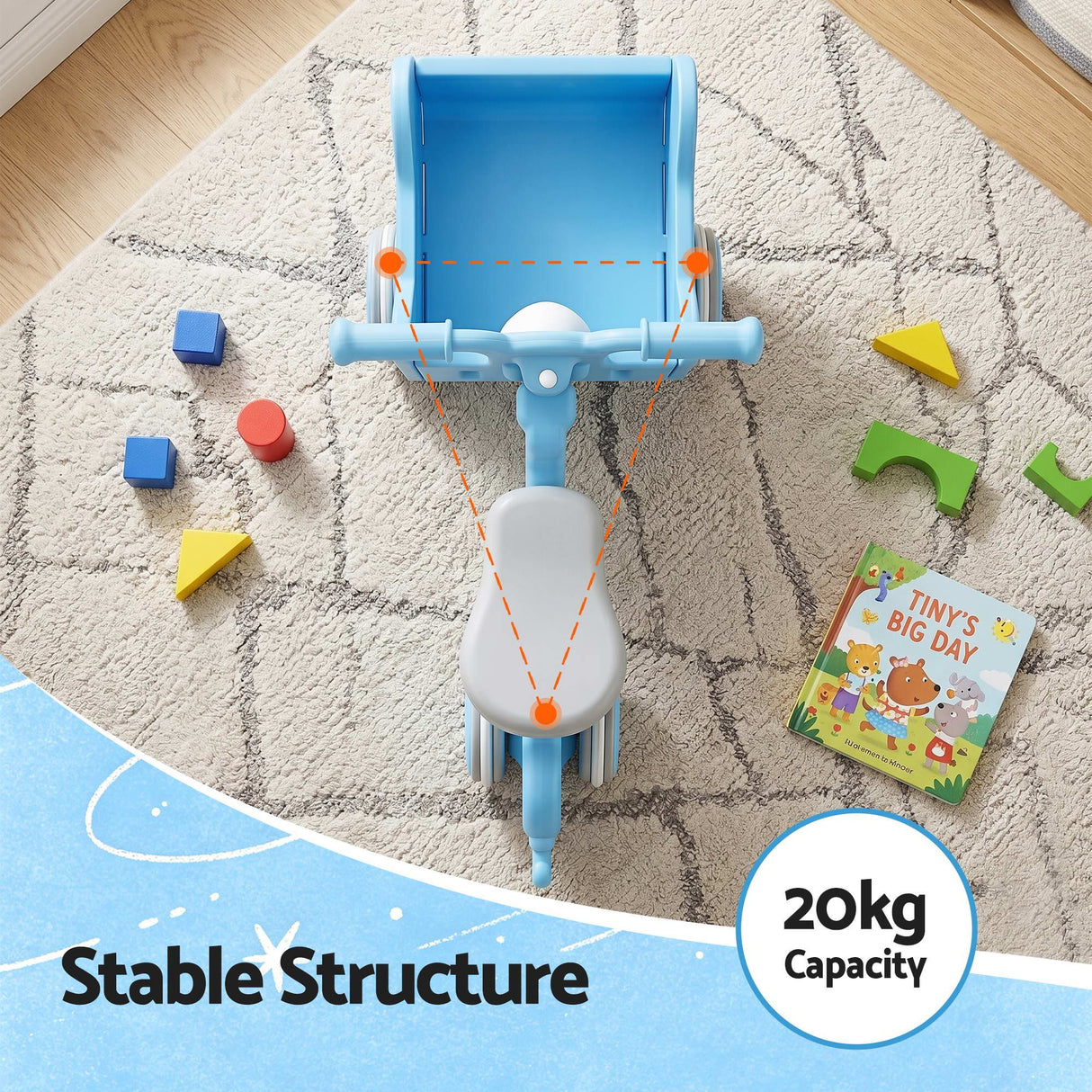 Blue kids ride on push car with storage