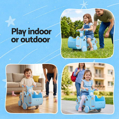Blue kids ride on push car with storage