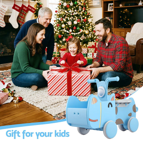 Blue kids ride on push car with storage