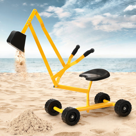 Kids ride on digger excavator in yellow