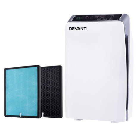 Compact white air purifier with digital control panel, front view