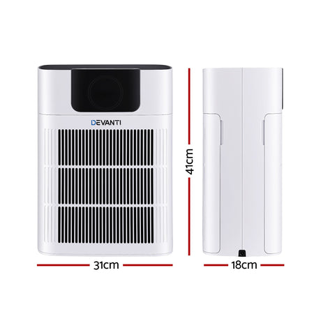 Front view of white air purifier showing PM2.5 reading and control buttons