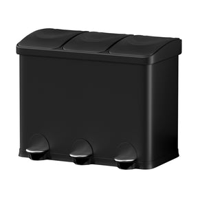 Auckland black carbon steel triple compartment 45L pedal bin in a modern kitchen