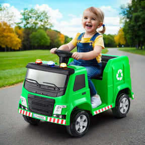 Green 12V electric ride on garbage truck for kids with flashing lights