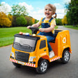 Yellow 12V electric ride on garbage truck for kids with flashing lights