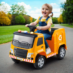 Yellow 12V electric ride on garbage truck for kids with flashing lights