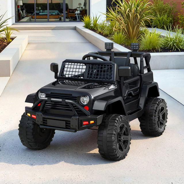 Black 12V electric ride on jeep for kids with rugged styling