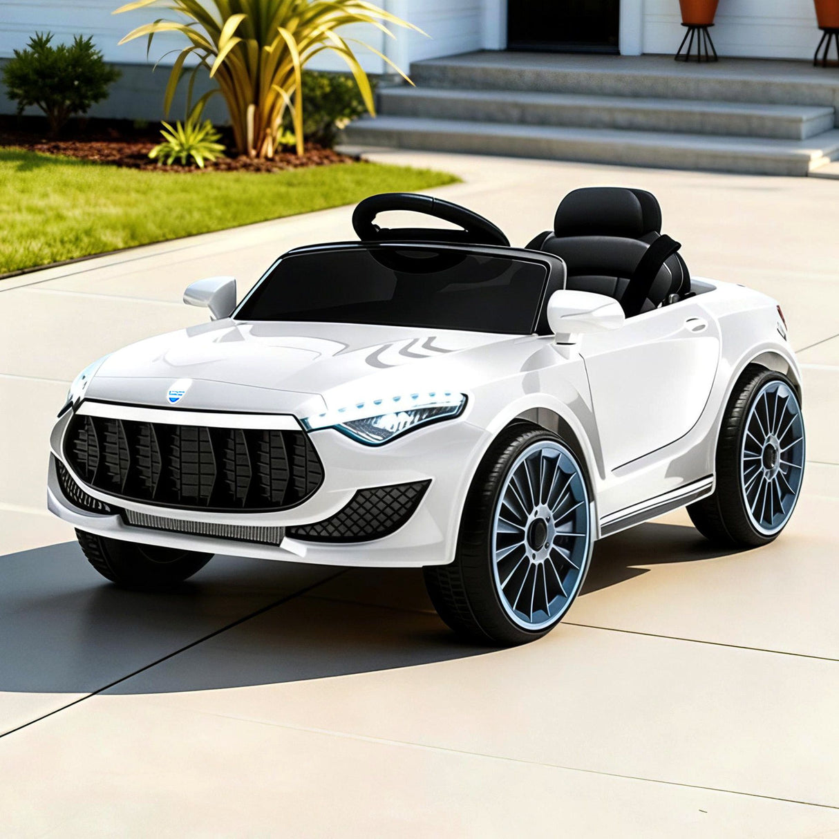 White 12V electric ride on car for kids with LED headlights