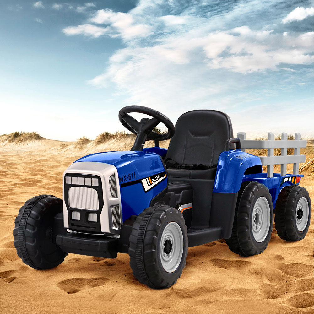 Blue 12V electric ride on tractor for kids with farmyard styling
