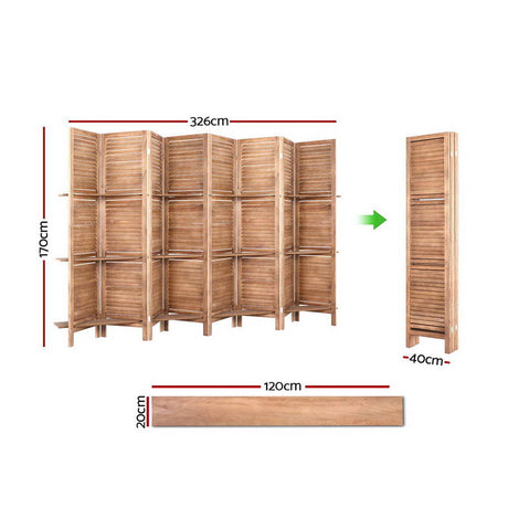 Artiss 8-Panel Freestanding Room Divider with Shelf — 326x170cm, Oak or White — Allure Home Collections