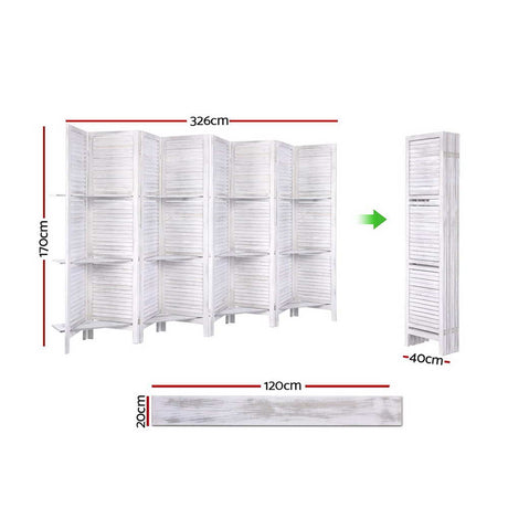 Artiss 8-Panel Freestanding Room Divider with Shelf — 326x170cm, Oak or White — Allure Home Collections