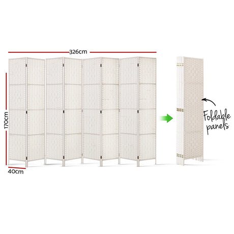 Artiss 8-Panel Woven Folding Room Divider — 326x170cm, Black, White, or Natural — Allure Home Collections